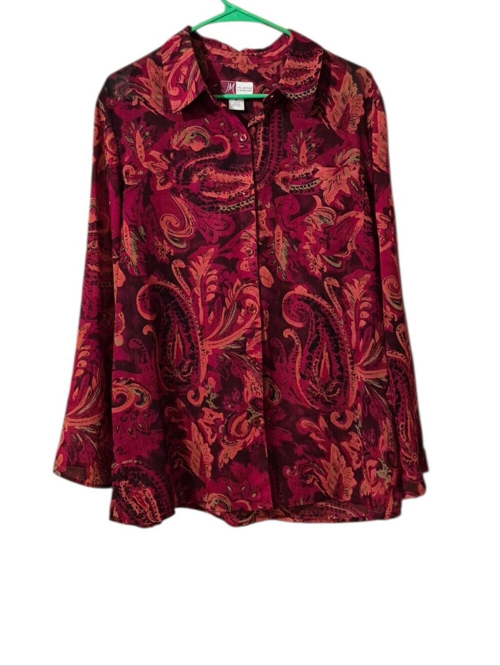 JM Collection Burgundy and Rust Paisley Semi Sheer Button-Down Shirt Size 14 EUC